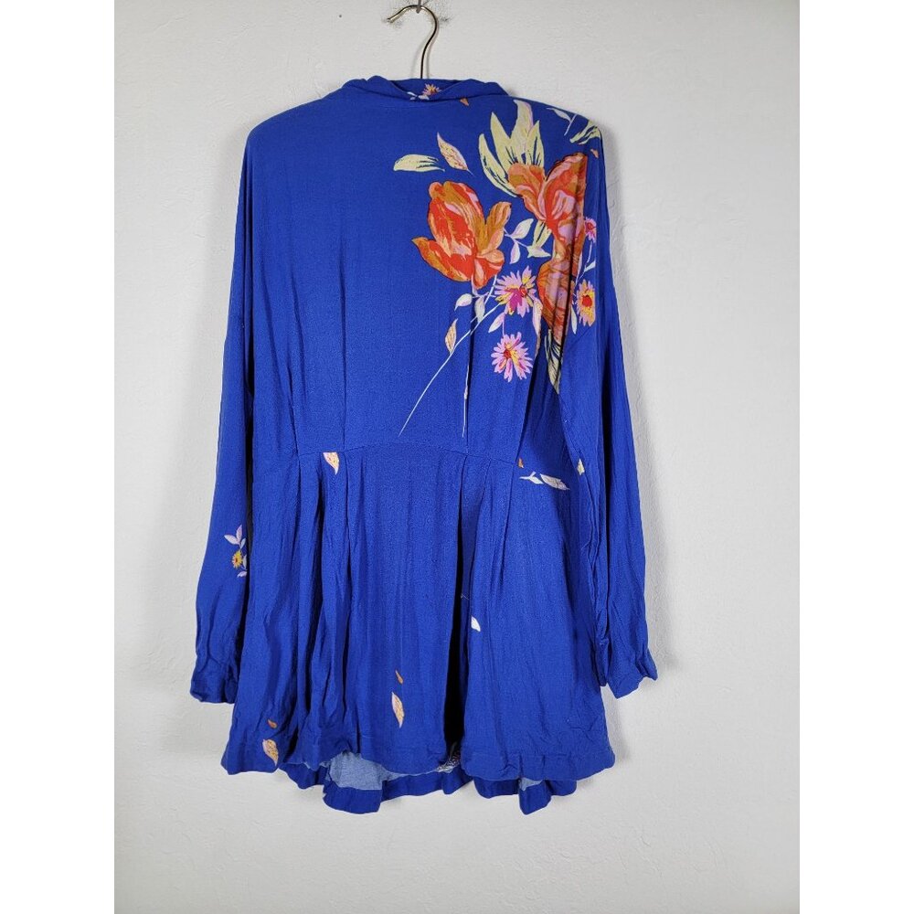Free People Womens Gemma Tunic Top Medium Blue Floral Long Sleeve Boho Tie-Beck